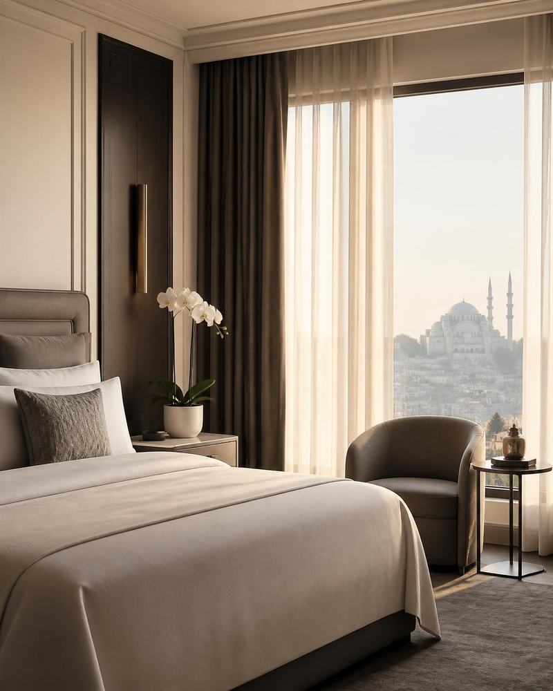 Serene hotel suite in Istanbul where patients recover after facelift surgery