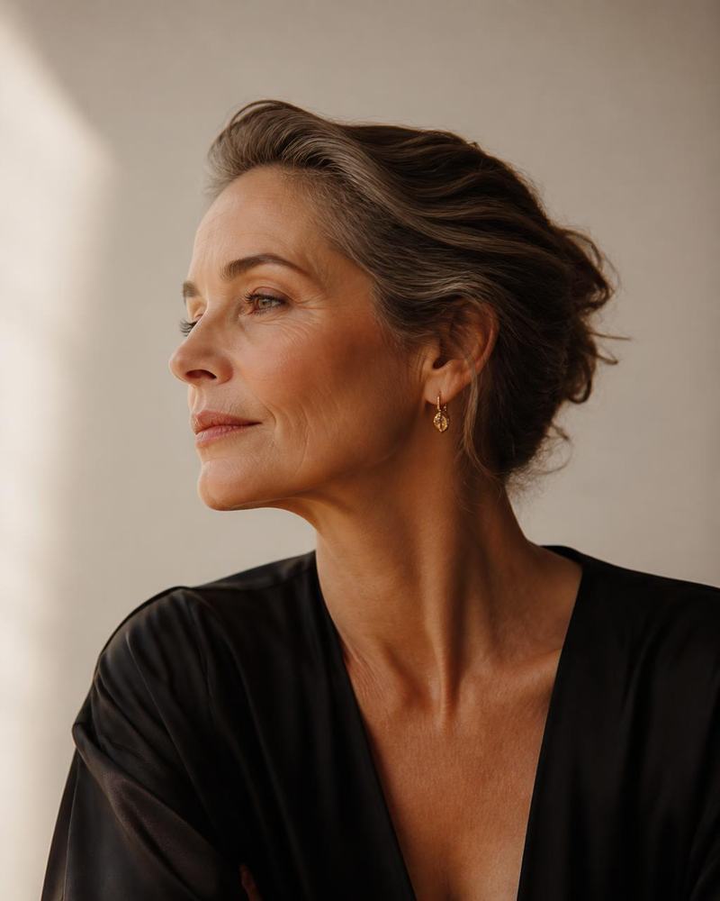 Editorial profile of a mature woman illustrating graceful facial ageing