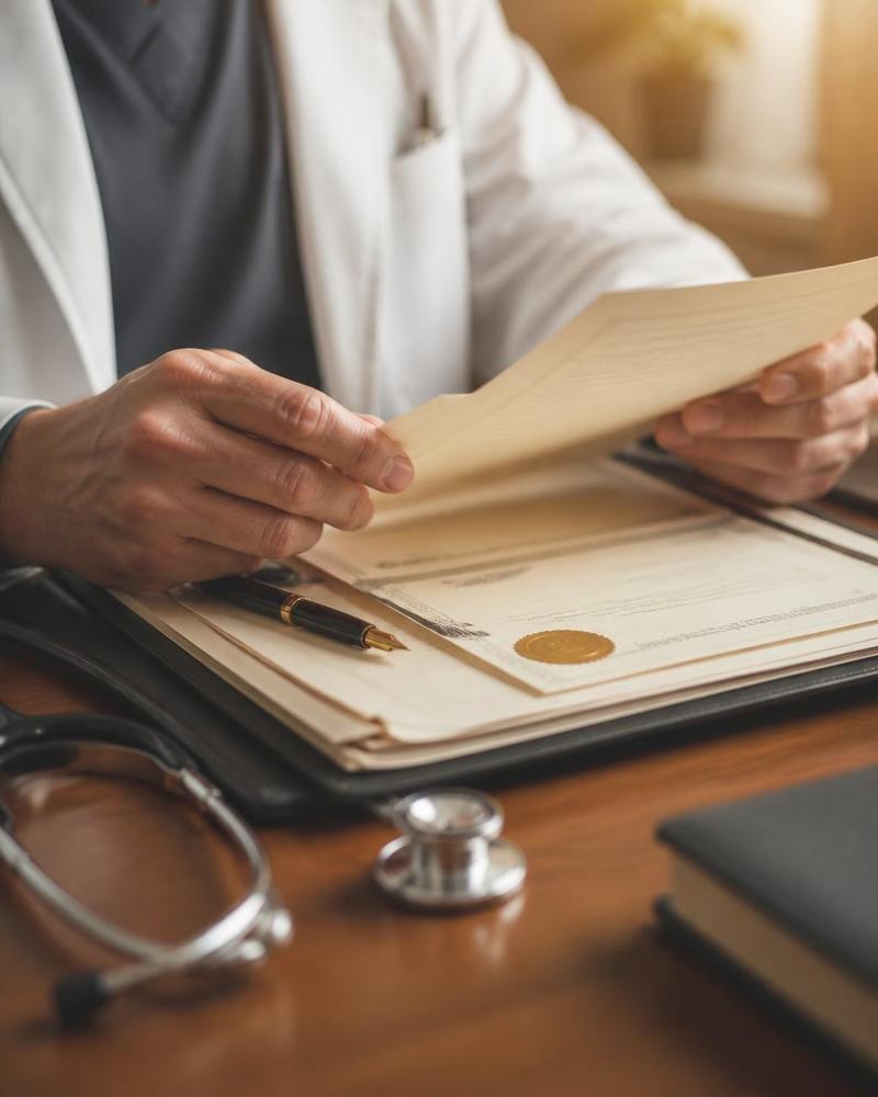 Surgeon reviewing medical credentials and documents
